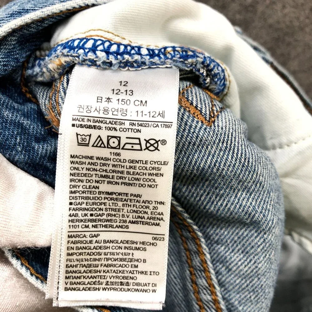 Gap Youth Boys Size 12 90s Original Straight Jean Blue Medium Wash‎ Destroyed